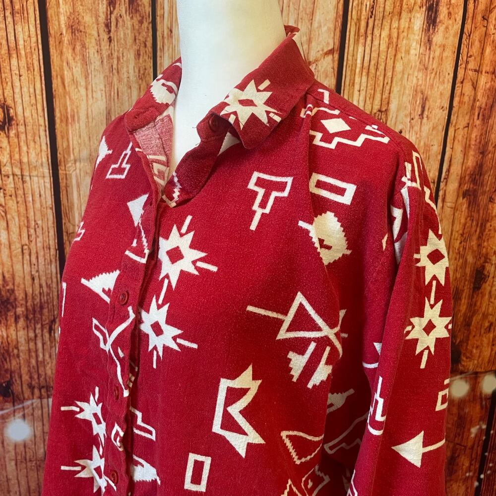 Roper Five Star classic flannel shirt red white aztec print Large vintage womens